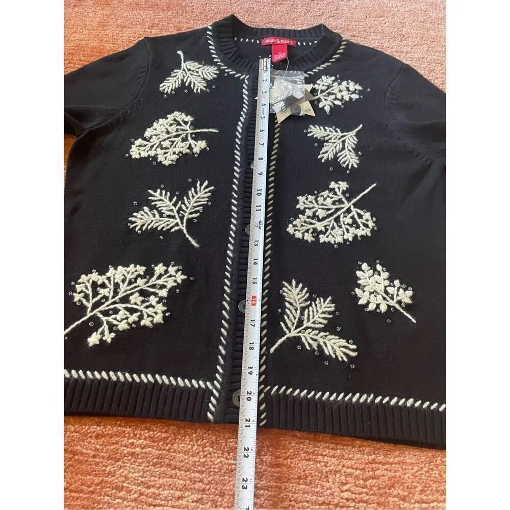 NWT Merry & Bright Womens Christmas Holiday Cardigan Sweater Size M Embroidered Black Size M - Image 4
