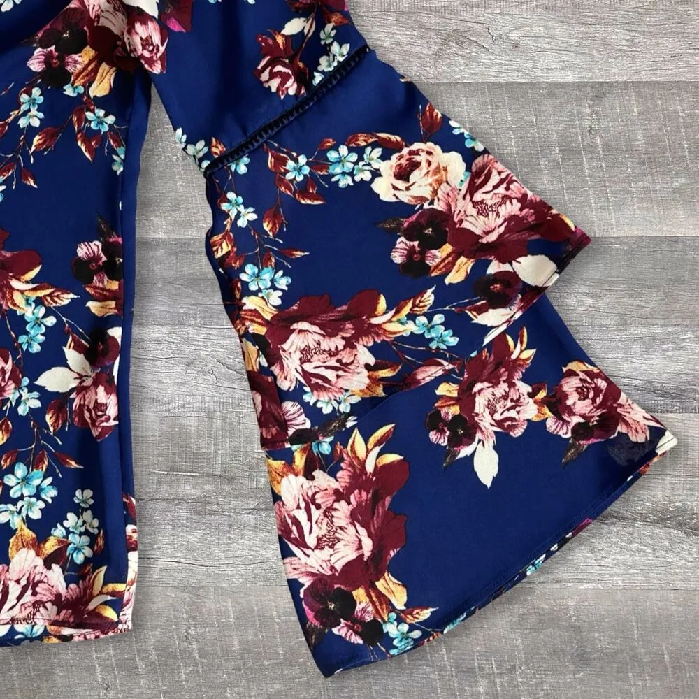 Floral Peasant Top Women S Flare Bell Long Sleeve Blouse Navy Blue - Image 3