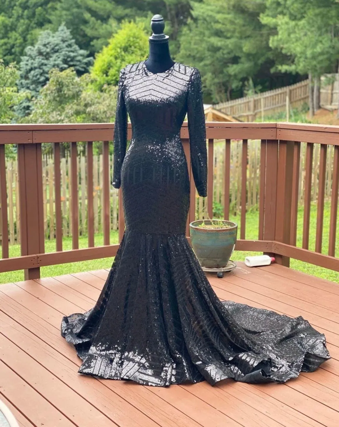 Mermain dress sequin long train backless Turtle Neck Long Sleeve Rhinestones Slim Fit - Image 1