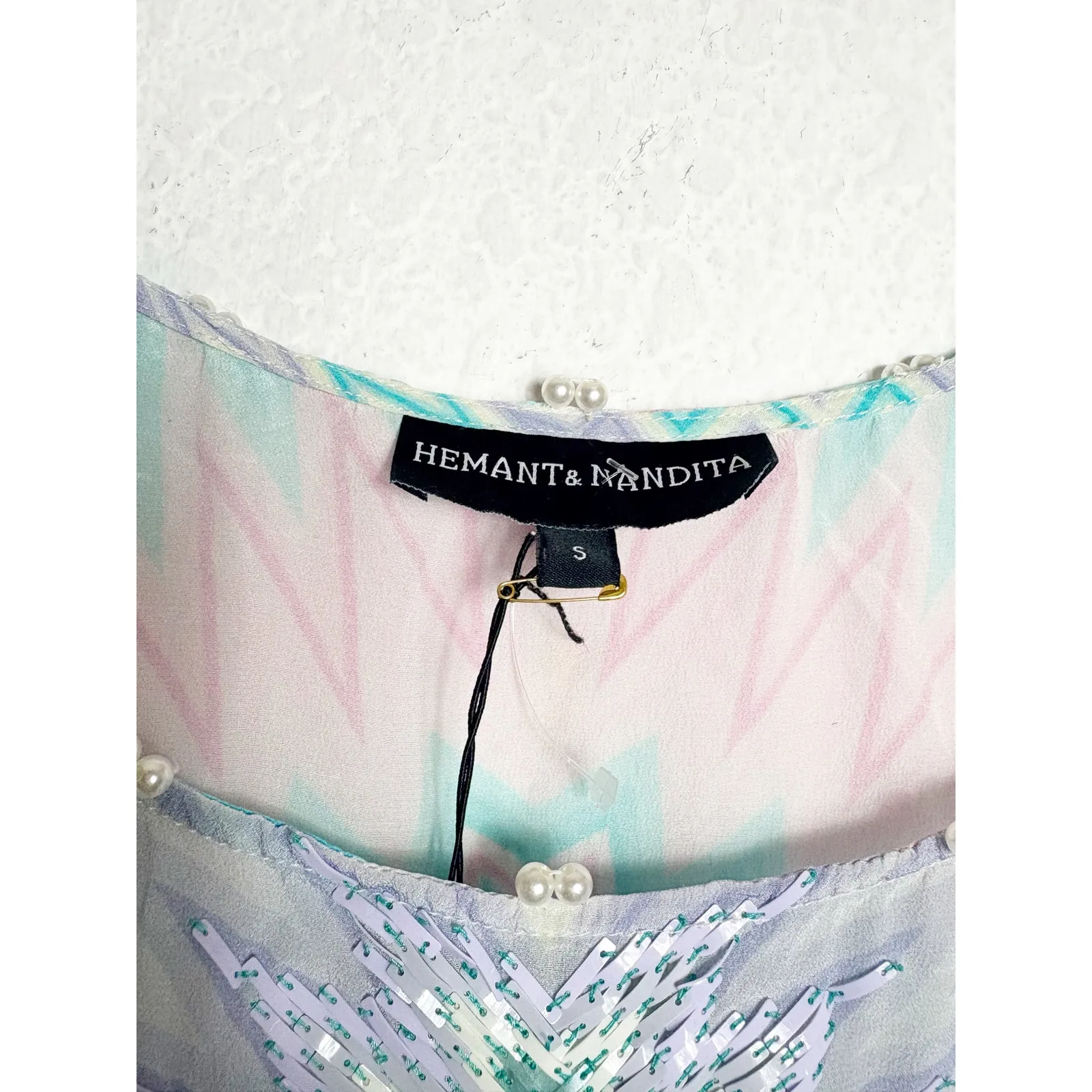 Hemant & Nandita Caftan Small 100% Silk Beach Coverup Blue Chevron Boho Beaded - Image 7