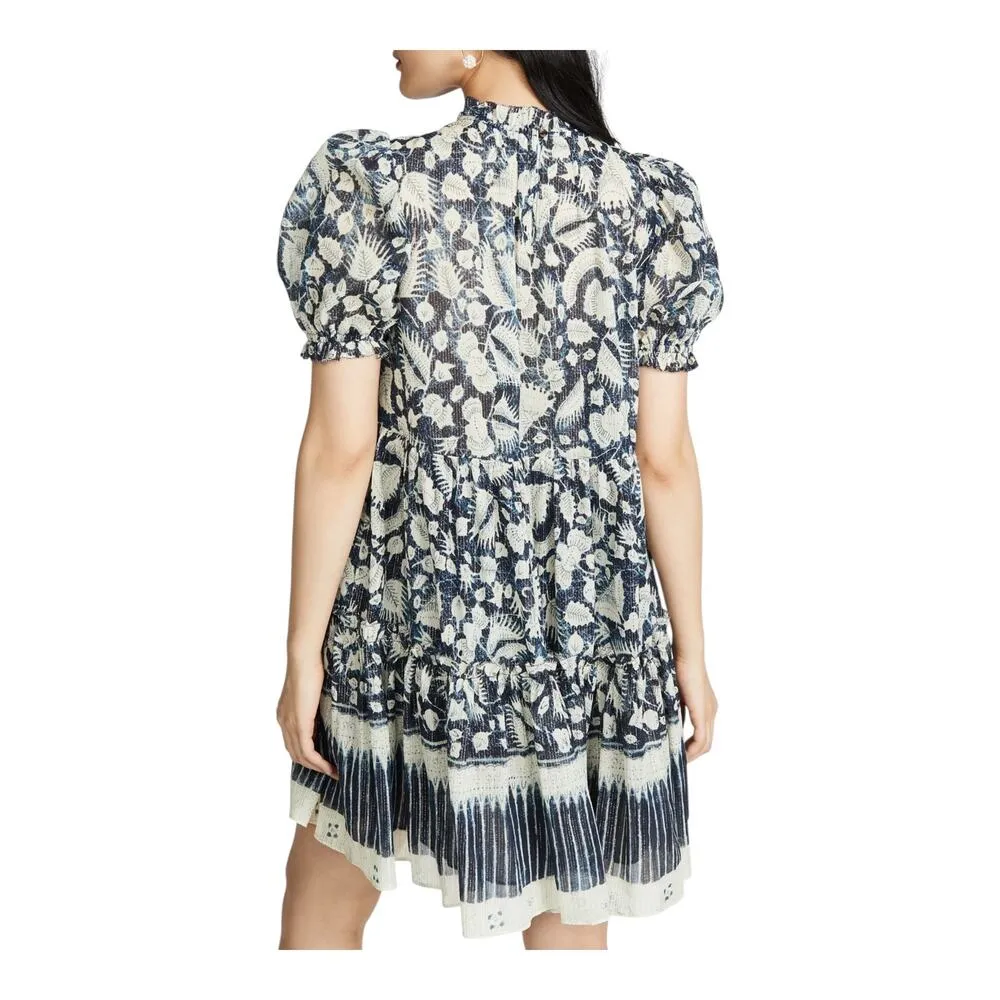 ULLA JOHNSON Dahlia Dress Blue Batik Short Puff Sleeves Crew Neck Silk Lurex 2 - Image 4