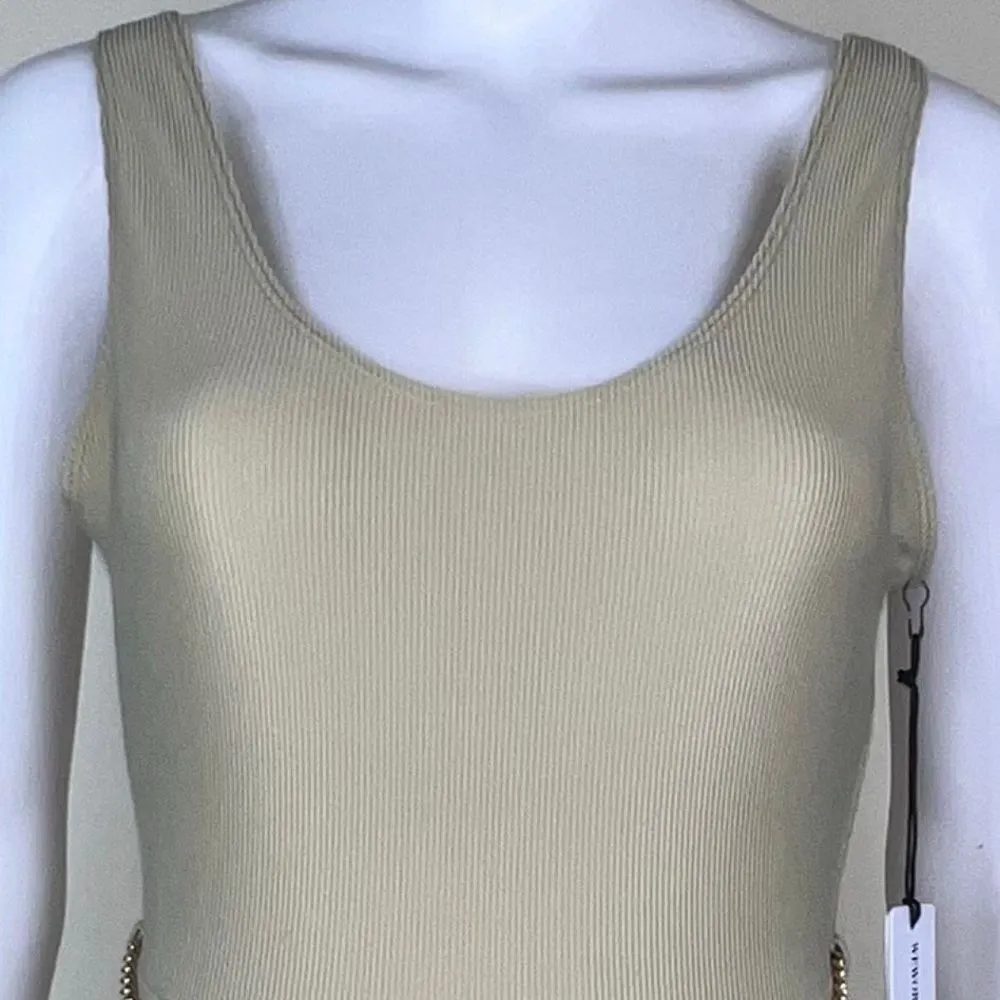 WeWoreWhat Solid Rib Scoop Jumpsuit in Khaki with Gold Chain Belt - Image 3