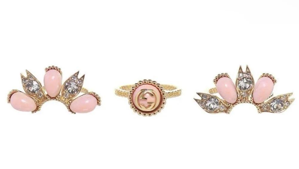 Gucci Interlocking G Flower Ring Ottone/Resin/Strass Gold Pink Crystal 702609 - Image 2