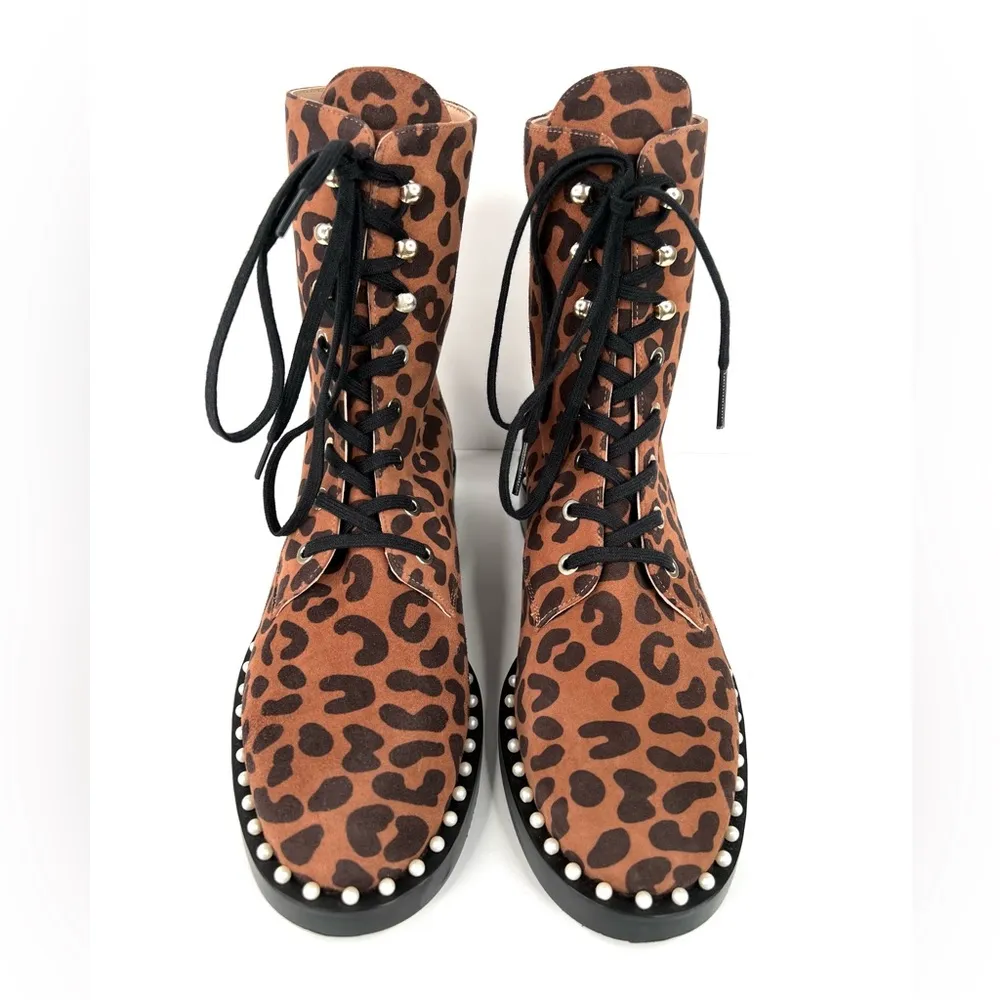 STUART WEITZMAN Sondra Leopard Cheetah Suede Leather Combat Boots US 6.5 - EU 37 - Image 4