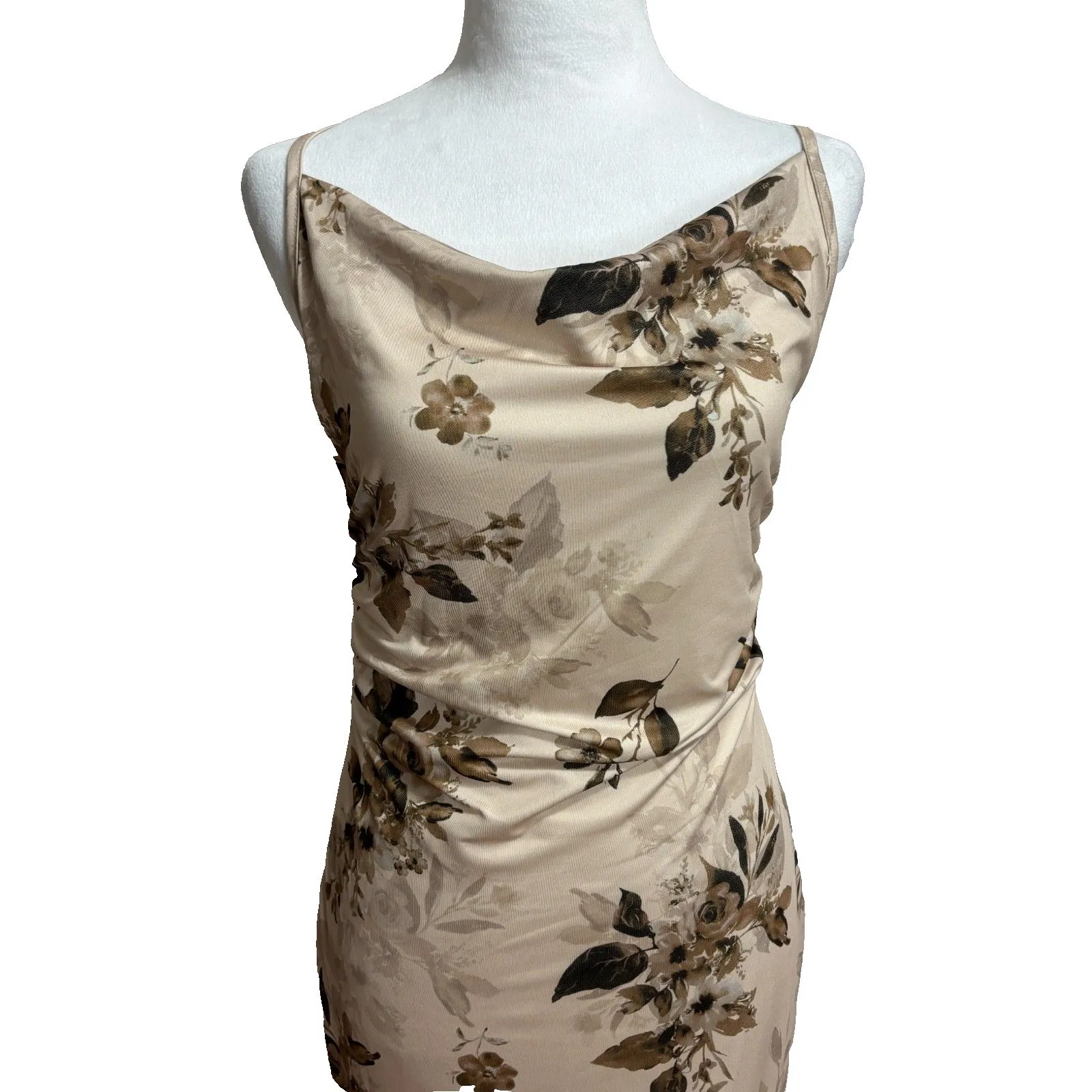 Beige Floral Satin Maxi Long Slip Dress Y2K Vtg - Image 2