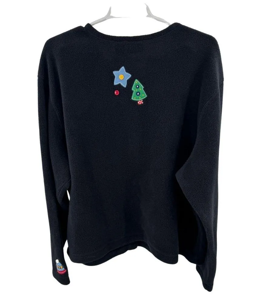 Croft & Barrow Black Fleece button front cardigan XL winter holiday felted patch - Image 2