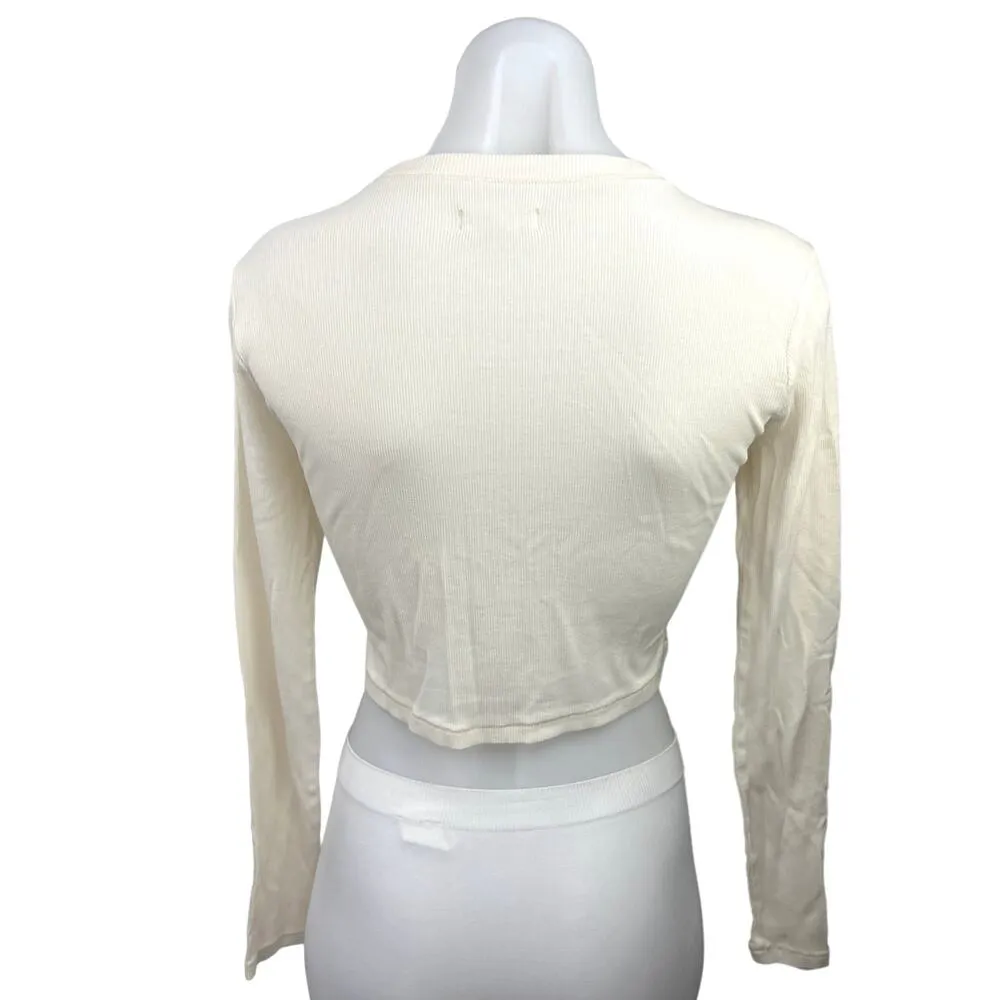 Madewell Cream Ribbed Knit Crewneck Long Sleeve Pullover Boxy Tee Crop Top Sz S - Image 2