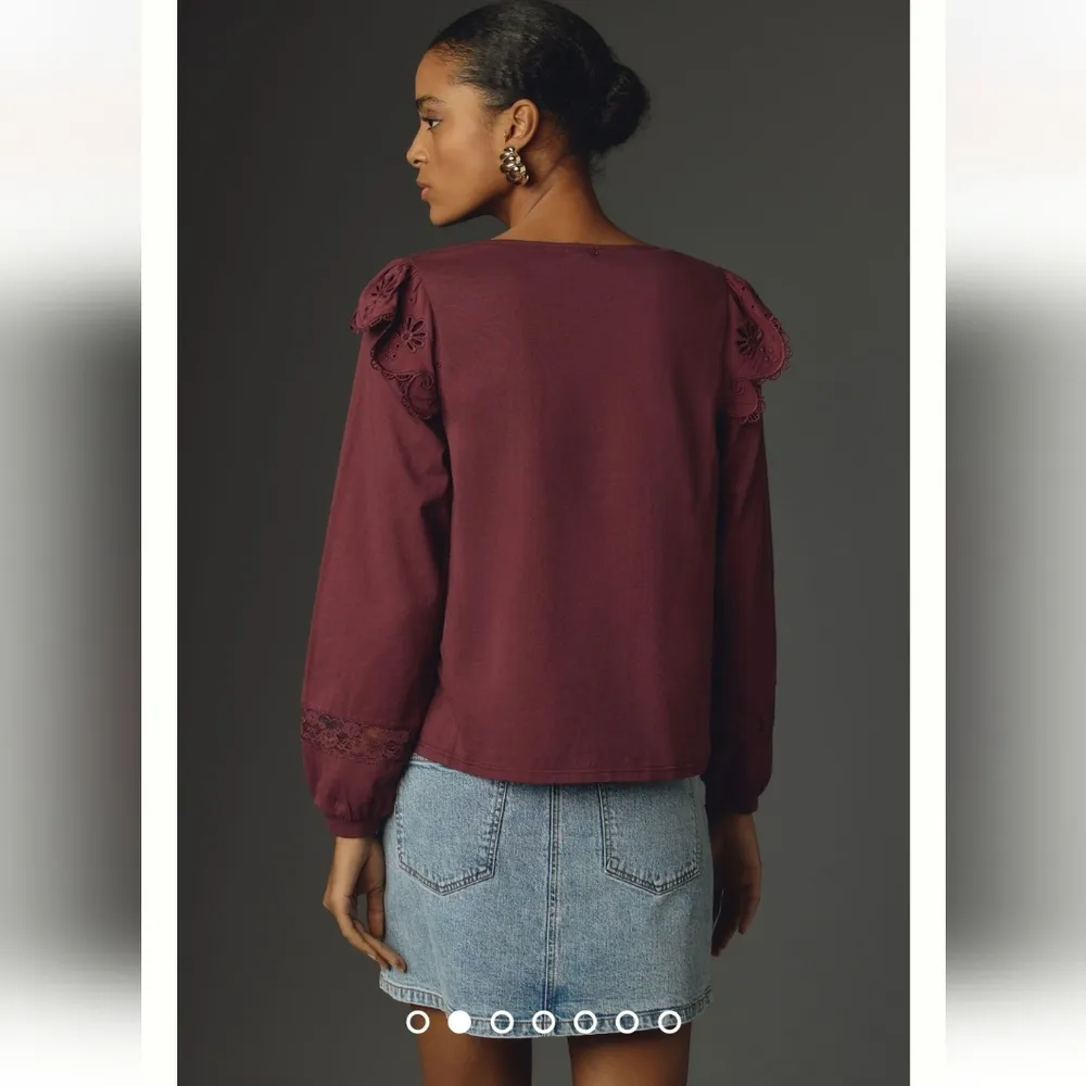 NWT Anthropologie Tiny Long-Sleeve Crescent Ruffled Lace Top  Color:WINE Size S - Image 2