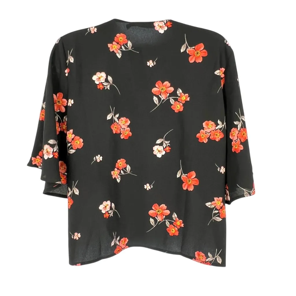Lush Krisantha Tie Front Short Sleeve Blouse Black Floral Size Small NWT - Image 7