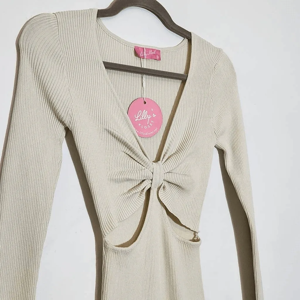 Lilly's Kloset Cream Ribbed Knit Bodycon Midi Dress NWT Size Medium - Image 5