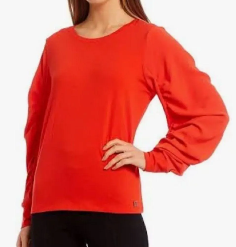 NWT Calvin Klein stretch knit top with ruched chiffon sleeves M - Image 11