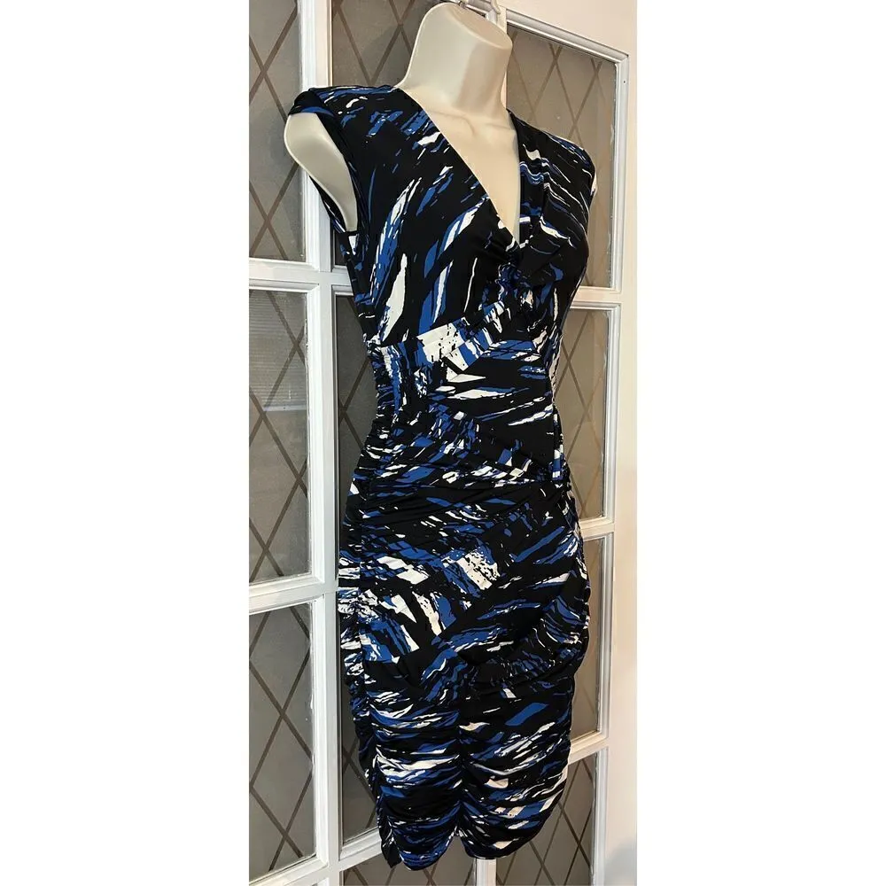 BCBGmaxazria LARKSPUR BLUE RUCHED CAP SLEEVE RAYON JERSEY DRESS Size XS - Image 5