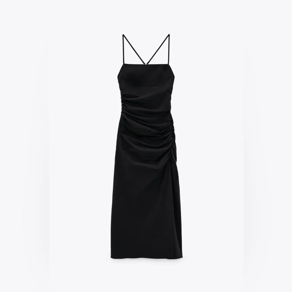 Zara Draped Ruched Midi Black Dress Front Split Bloggers Size S - Image 7