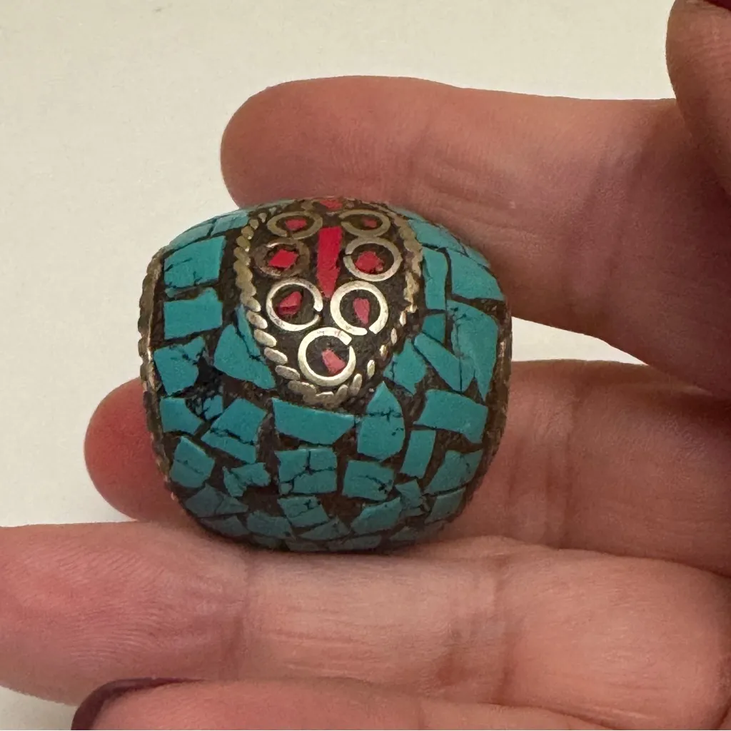 Lovely Turquoise & Coral Stone Unique Vintage Tibetan vintage brass Ring Blue - Image 11
