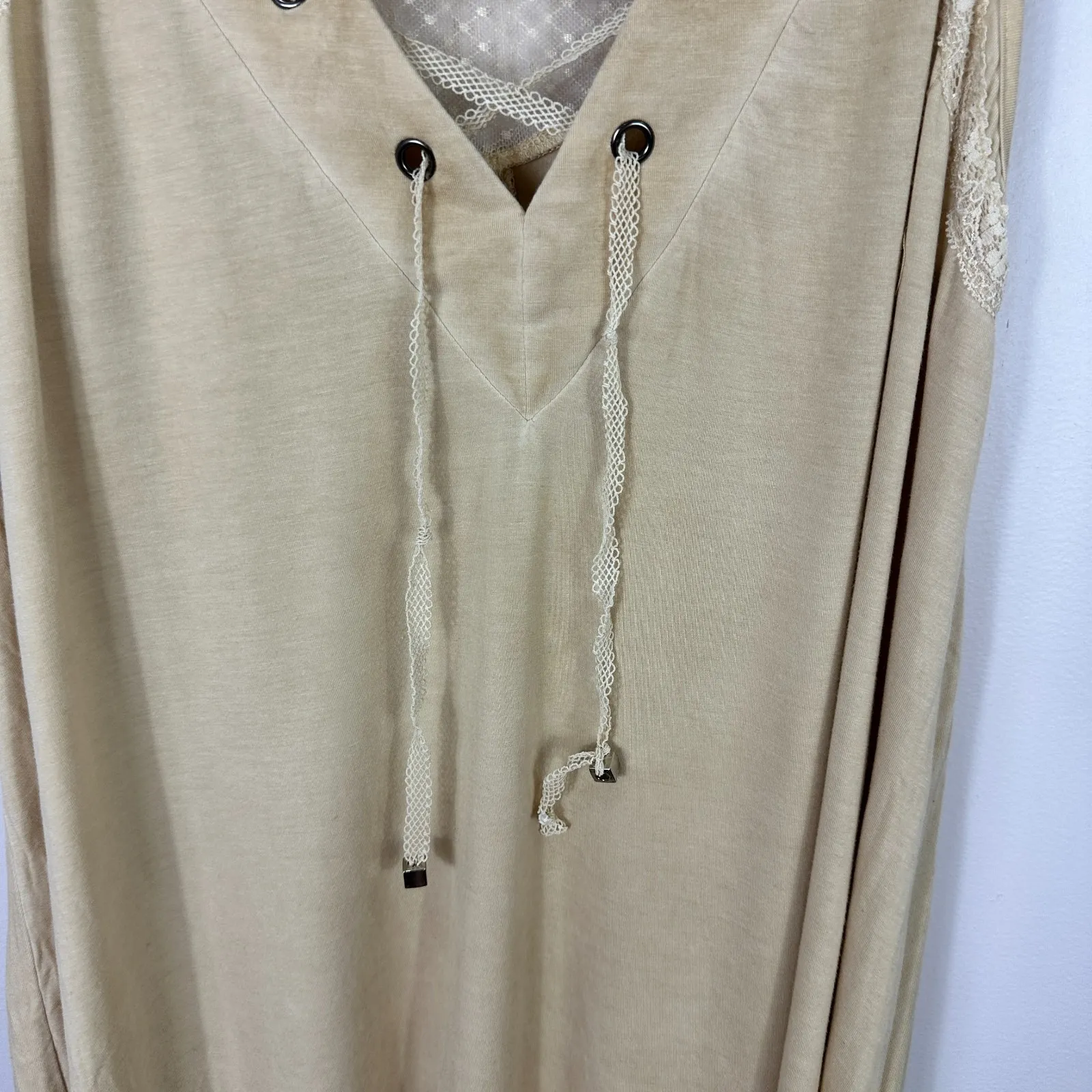 POL Boho Tunic Top M Beige Lace Corset Sheer Peasant Hippie Y2K‎ Cottagecore - Image 2