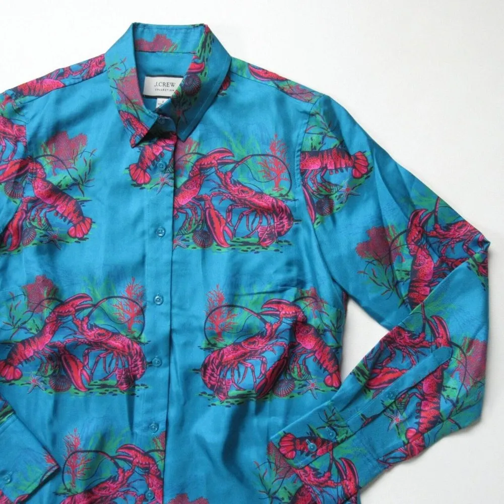 NWT J.Crew Collection Silk-twill Shirt in Ultramarine Red Lobster Print Top 2 - Image 2