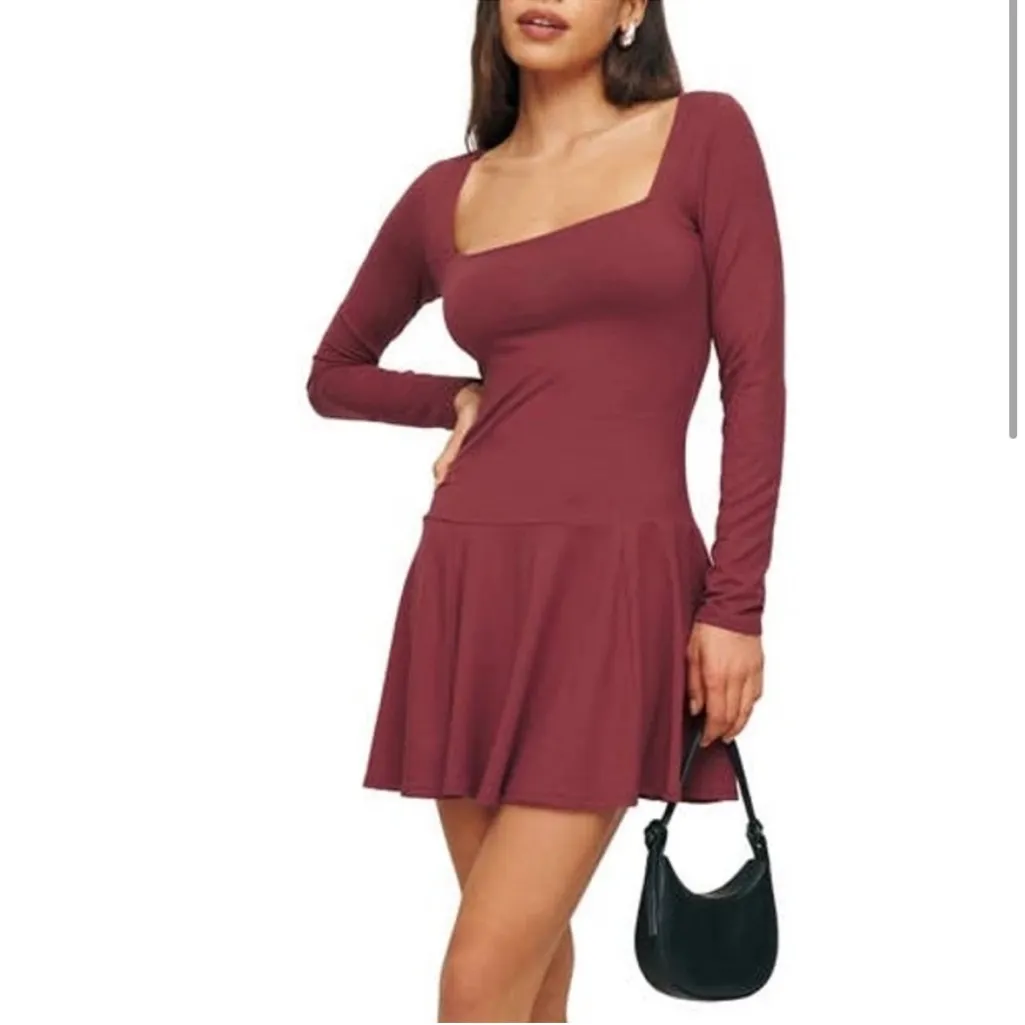 Reformation Coen Jersey Knit Long Sleeve Square Neck Mini Dress Chianti Medium - Image 2