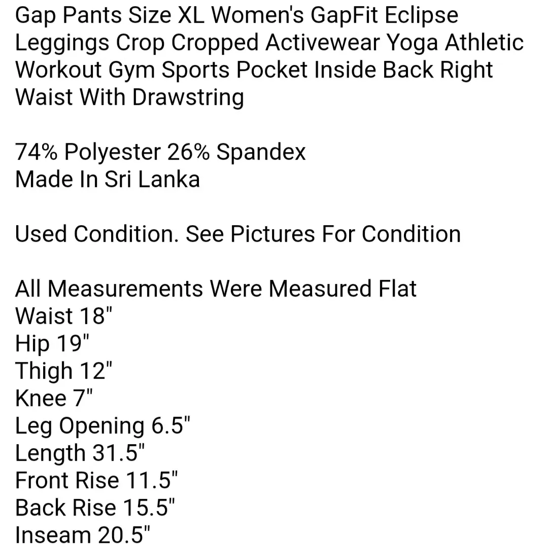 Gap Pants Size XL Women's GapFit Eclipse Leggings Crop Cropped Activewear Yoga Athletic  - Image 7