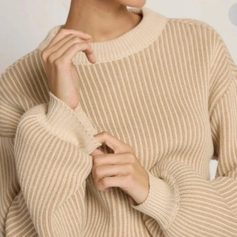 Cleobella Sydney Sweater Hand Knit Cotton Crew Two Tone Ivory Stripe Size L NWT - Image 2