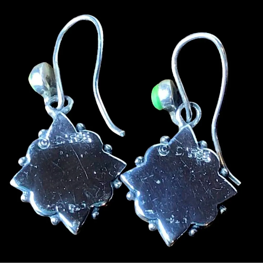 VINTAGE BARSE Green Turquoise Malachite Sterling Silver Floral Drop Earrings - Image 3