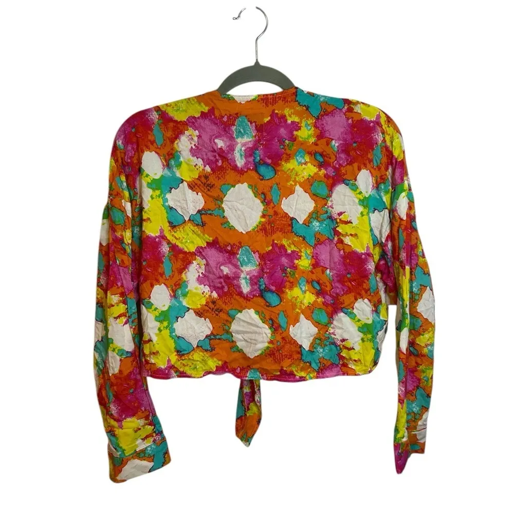 ASOS Rainbow Watercolor Tie Front Blouse - Image 2