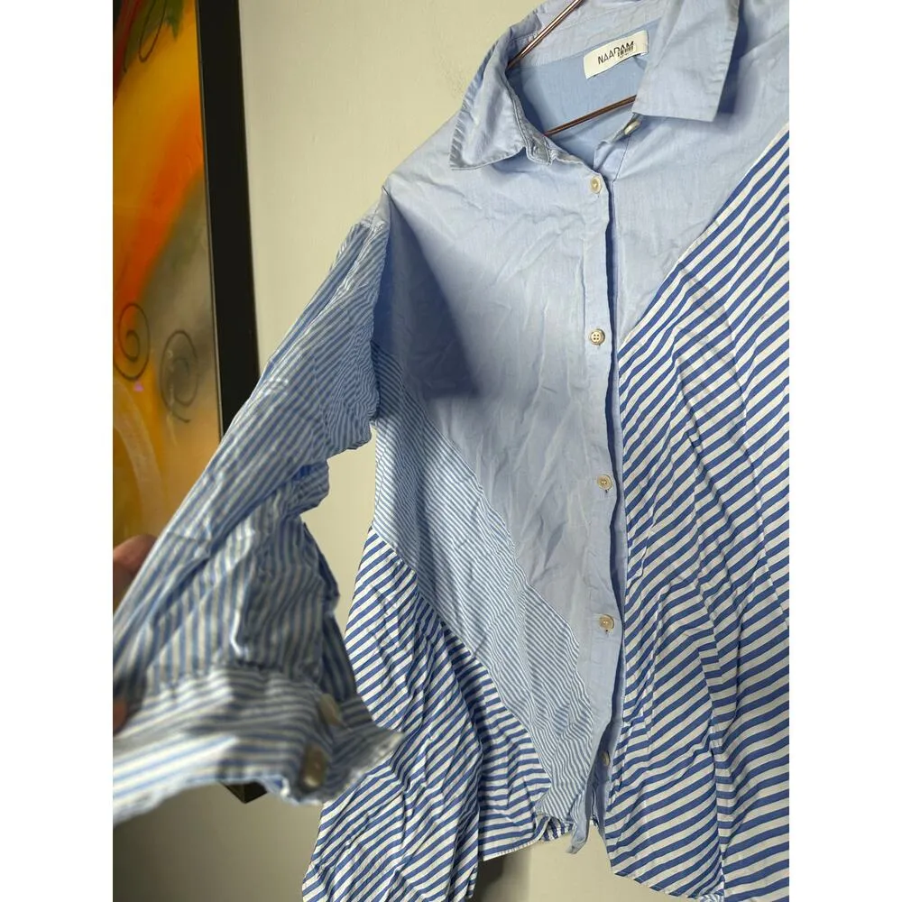 NAADAM Blue Cotton Asymmetrical Stripe Mix Button Up Long Sleeve Top Size Medium - Image 8