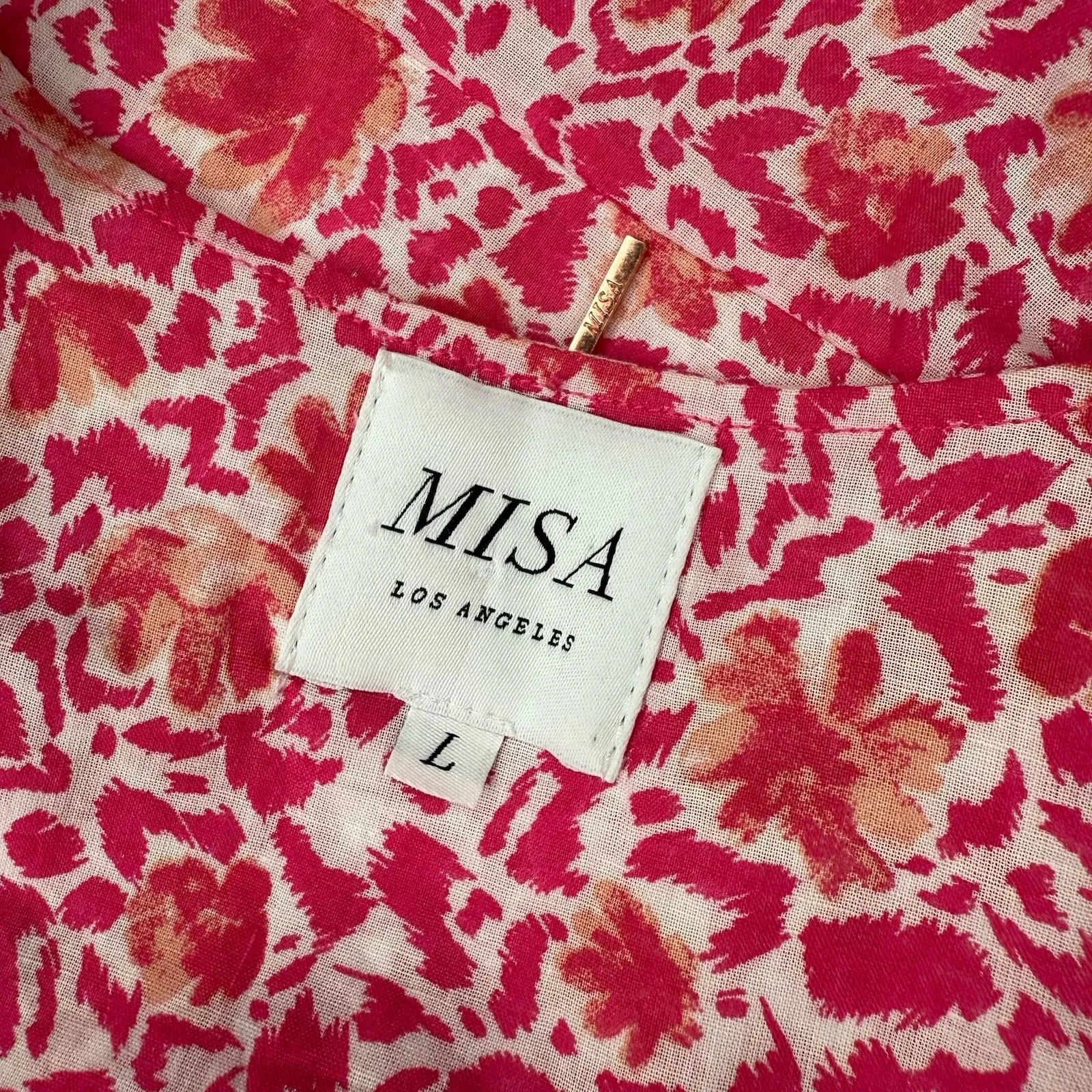 MISA Los Angeles Pink Floral Button Front Midi Dress Puff Sleeve L Made In USA‎ - Image 14