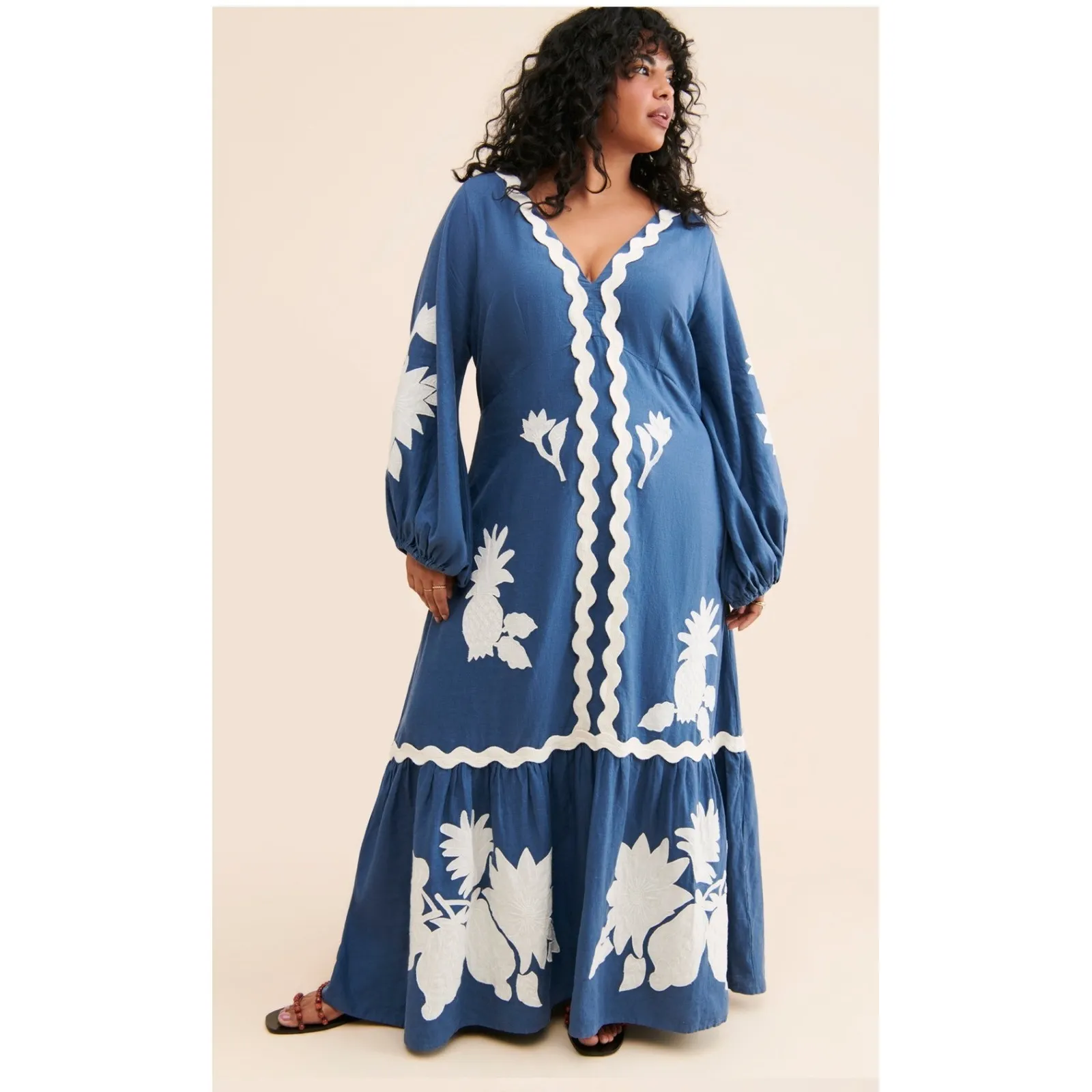 Farm Rio Anthropologie Flounce Embroidered Maxi Linen Dress Boho Cottagecore Med - Image 5