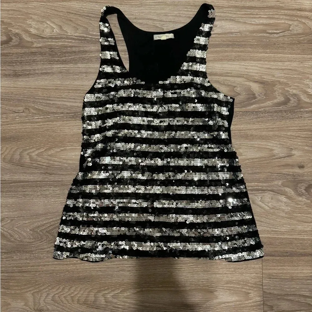 Tank Top black and silver sequins with built in bra size small - Image 2