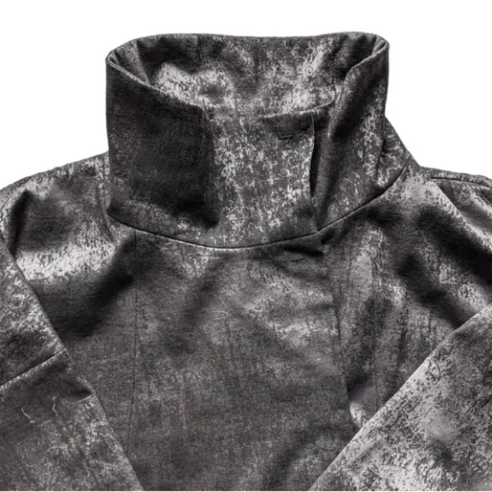 Eileen Fisher Boxy Short Jacket PM Stand Up Collar 3/4 Sleeve Gray Sheen Print - Image 9