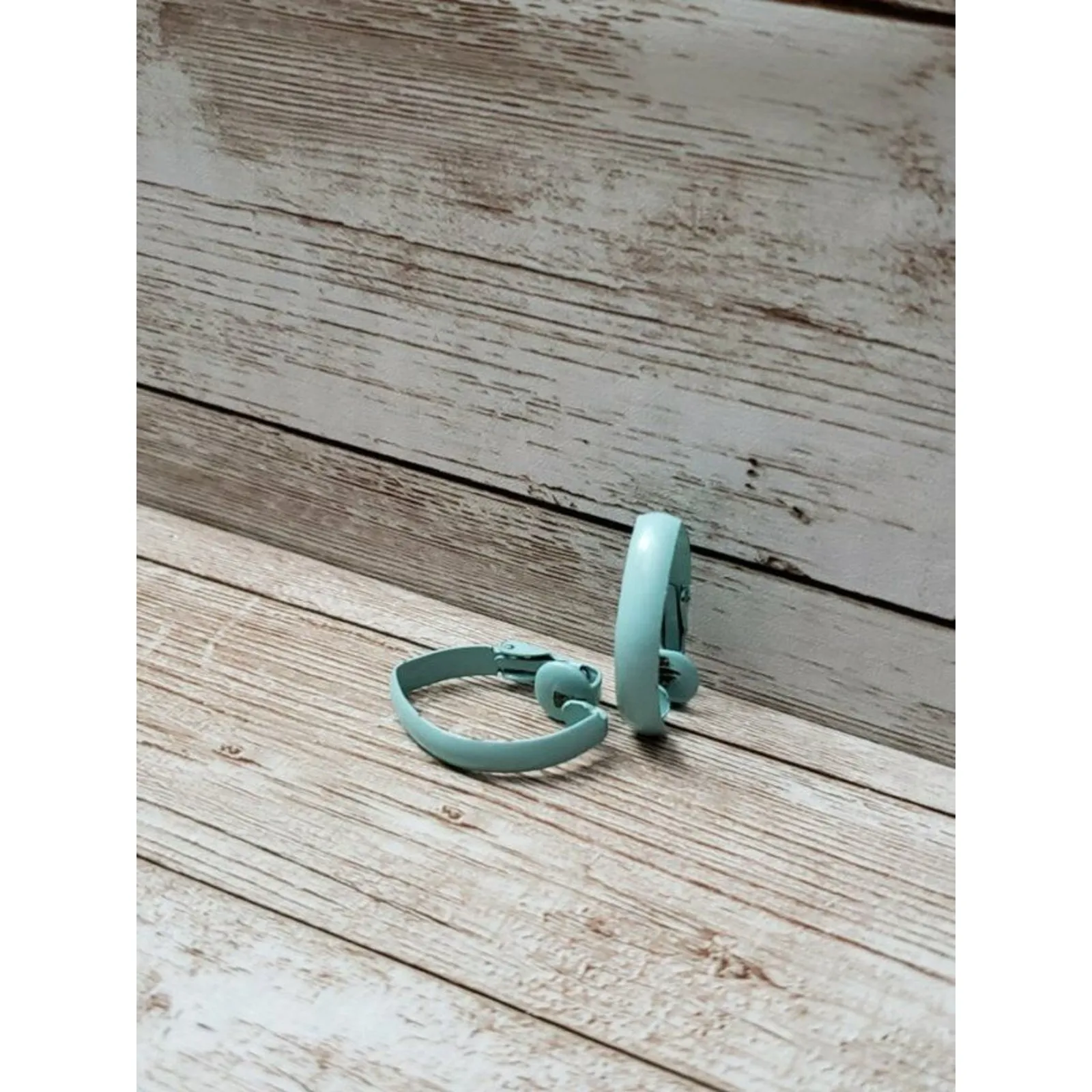 Vintage Clip On Earrings 1" Aqua Blue Elongated Folded Hoop Retro - Image 9