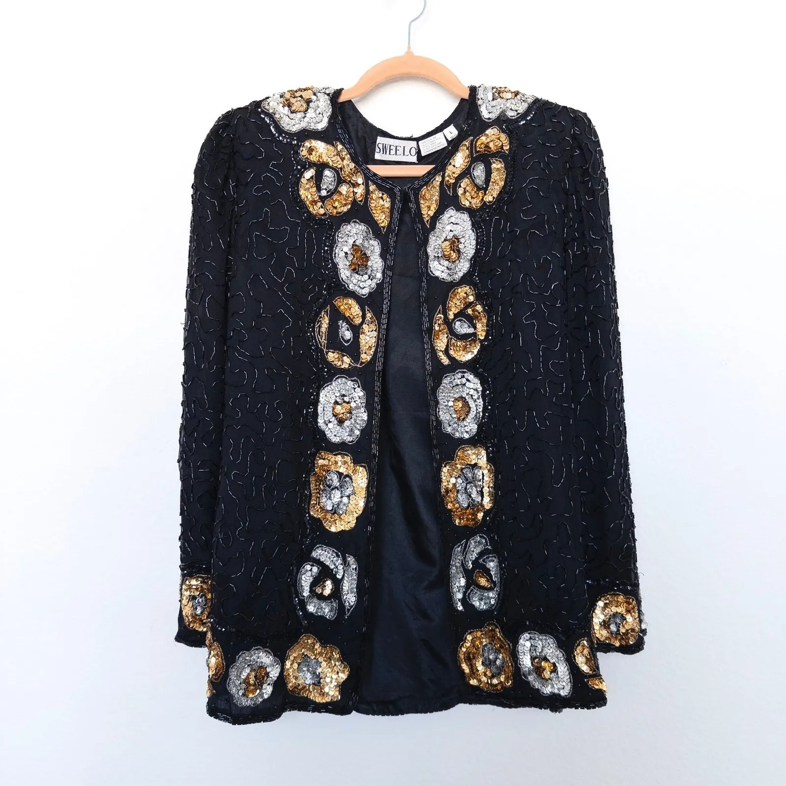 VTG‎ Sweelo Womens Silk Jacket Black L Sequin Glam Size L - Image 2