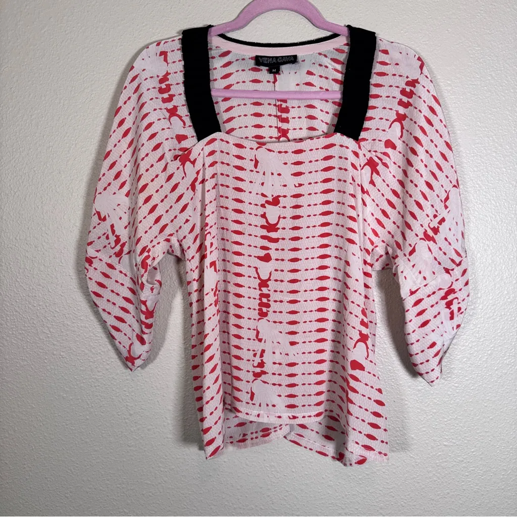 Vena Cava White Red Silk Printed Blouse Women’s M Short Sleeve Collar Shirt Size M - Image 10