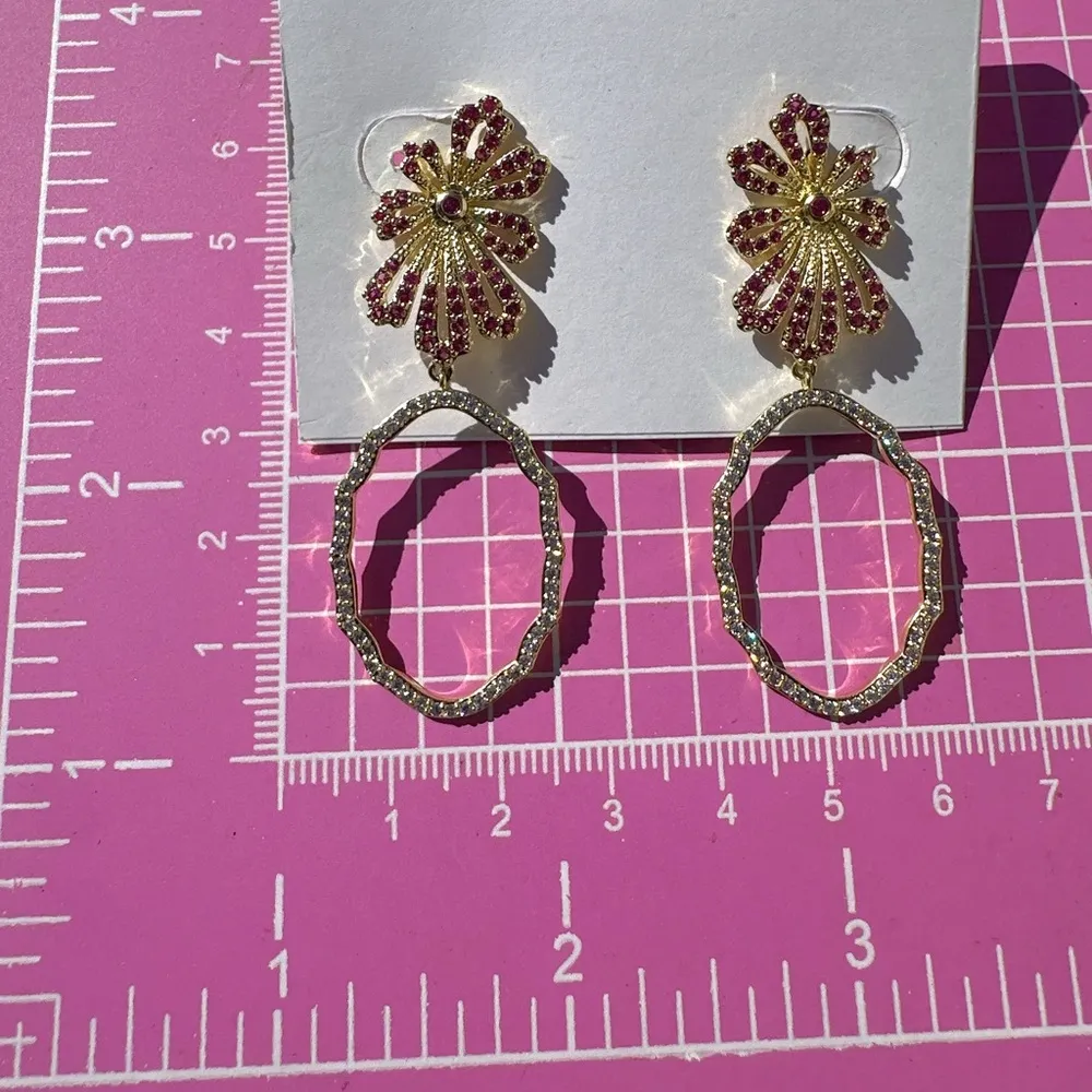 Noir earrings gold tone red crystal diamonds paved floral studs oval drops - Image 5