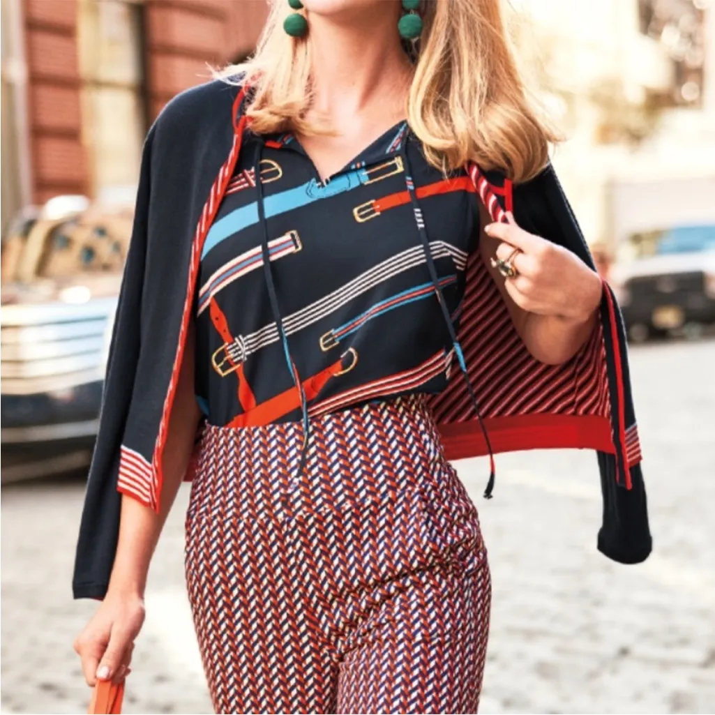 Cabi 5736 Hold Up Navy Belt Print Tie Neck Tank Top Sleeveless Blouse, XS - Image 7