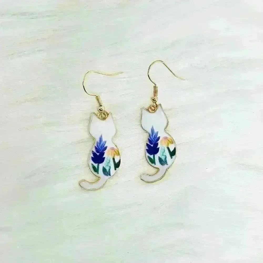 White Floral Cat Enamel Earrings - Image 2