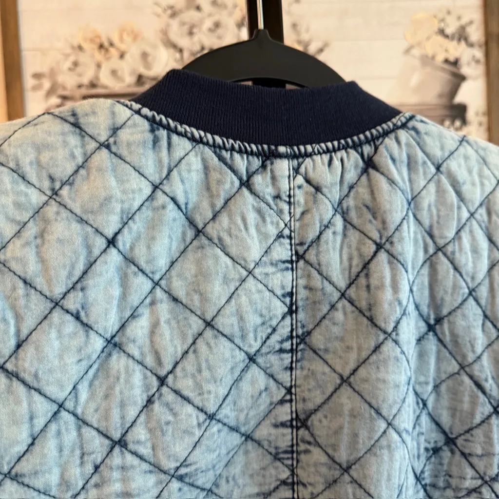 Blue Quilted Denim Bomber Jacket Zip Front Casual Streetwear Layering - Image 13