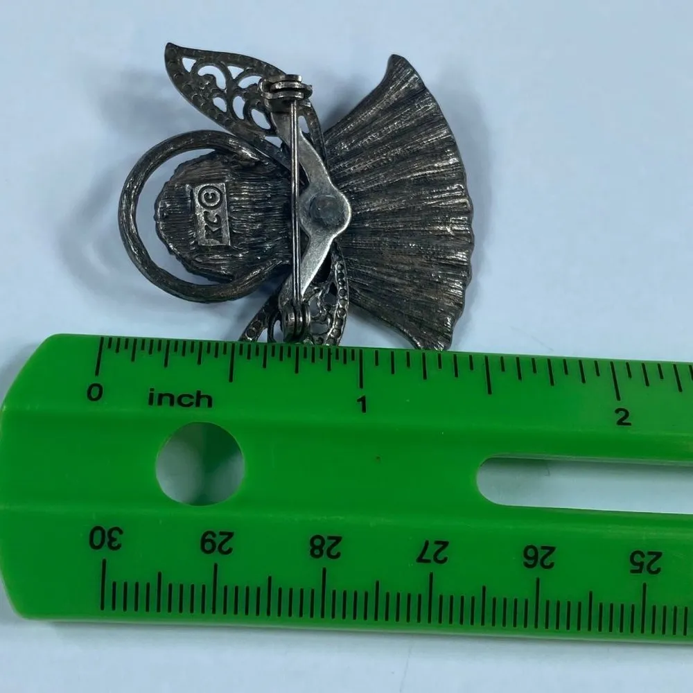 Angel Pin Brooch KC Dark Silver Tone Blue Stones Floral Accent Rhinestone Metal - Image 11