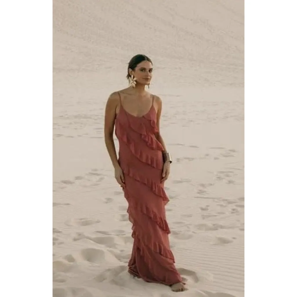 PETAL & PUP Ciao Ruffle Chiffon Gown in Rosewood Size Small - Image 7