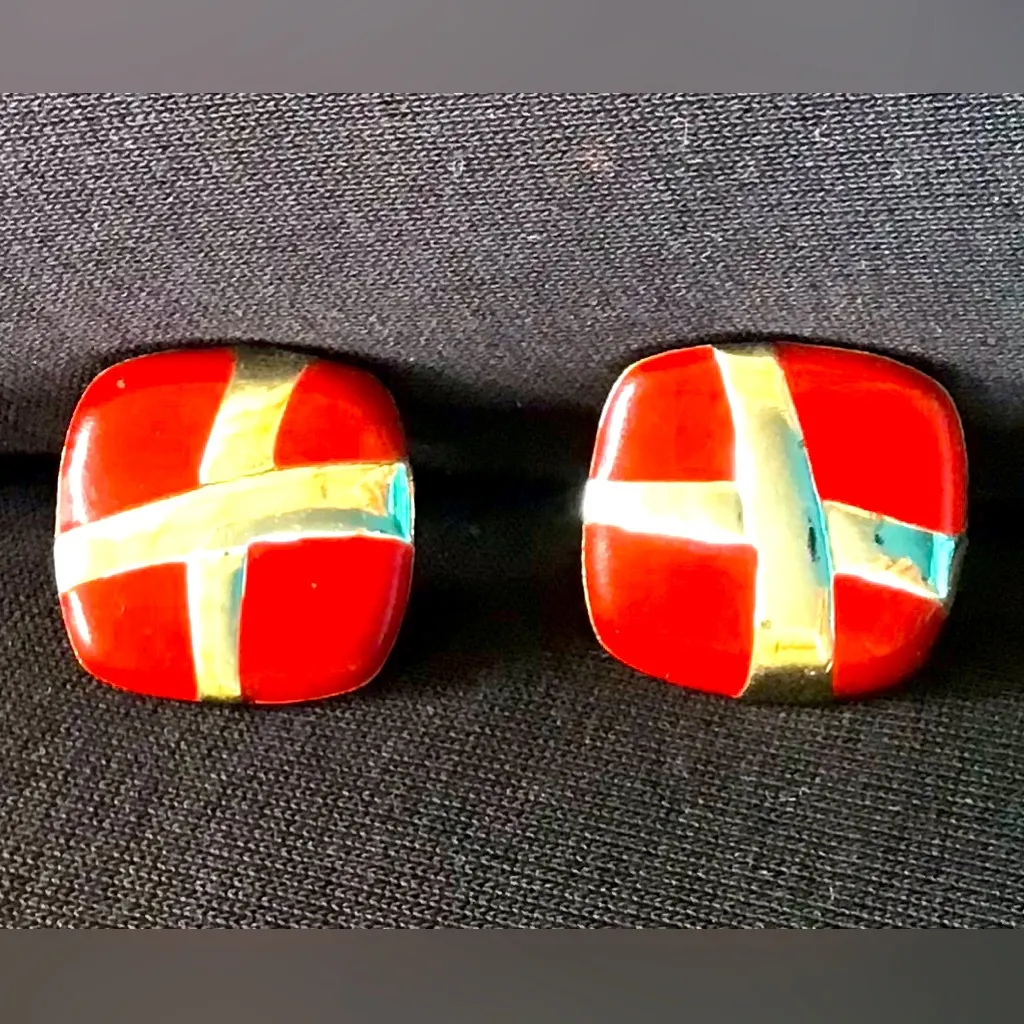 Red and Gold Geometric Enamel Vintage crisscross Earrings - Image 3