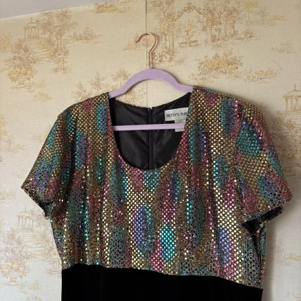 Vintage 80s rainbow sequin black velvet New Year’s Eve holiday whimsigoth dress Size 14 - Image 6