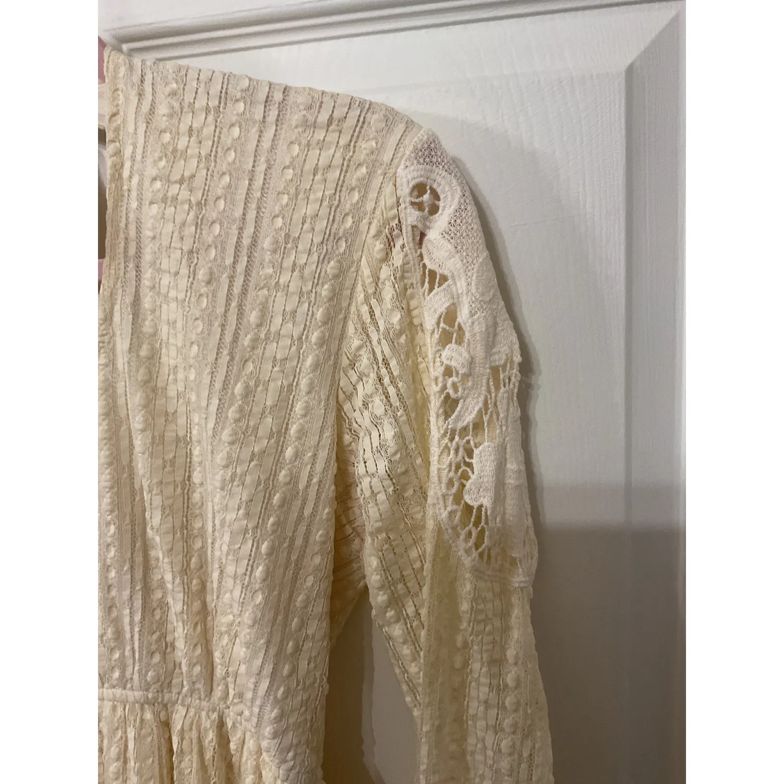 Altar’d State Cream Boho Embroidered Gauze Peasant Keyhole Tie Back Dress, M - Image 3