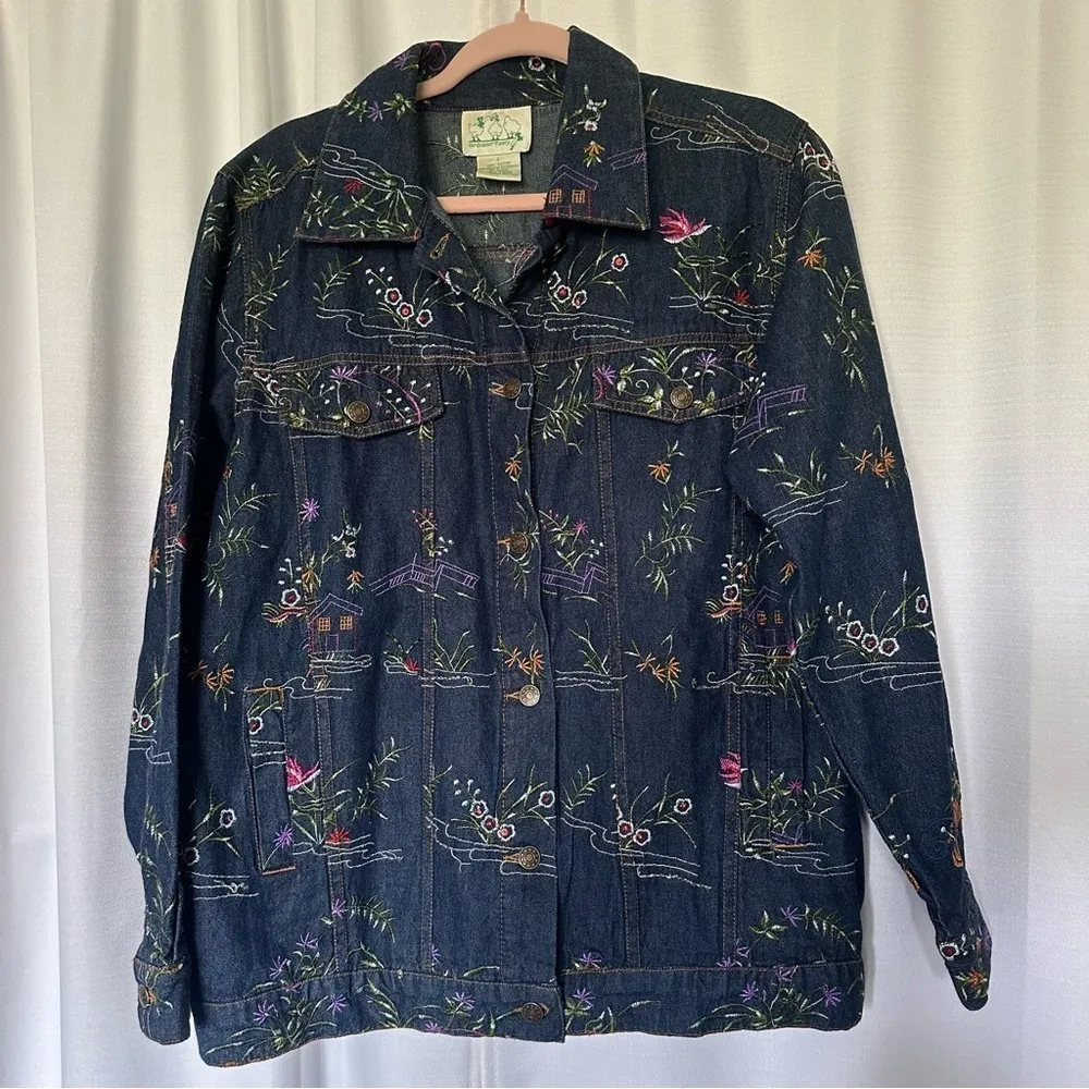 Quacker Factory Jacket Embroidered Floral Blue Denim Jean Trucker Women's Size L - Image 1