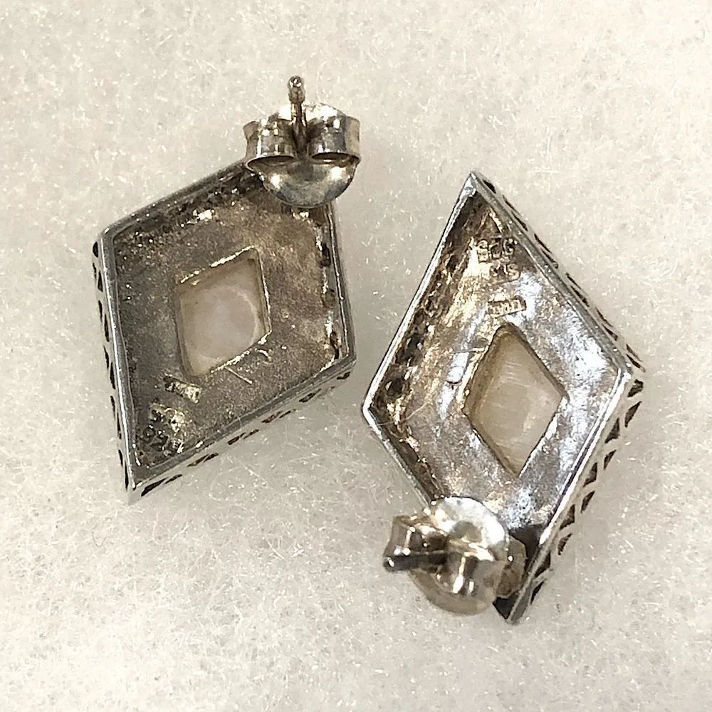 Diamond Shaped Mother of Pearl Marcasite Accented Sterling Silver Earrings - Image 3