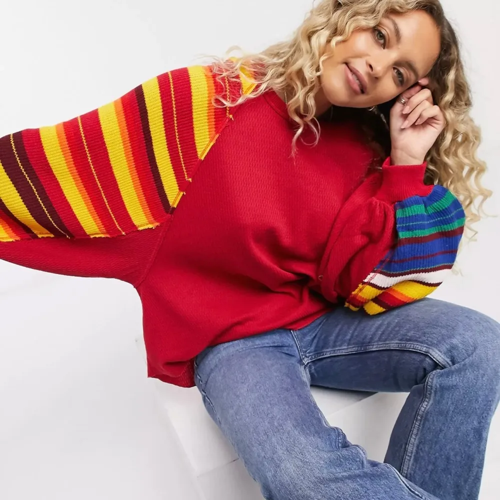 Free People Rainbow Dreams Oversized Sleeve Sweater Top Size XS Red Multicolor - Image 10
