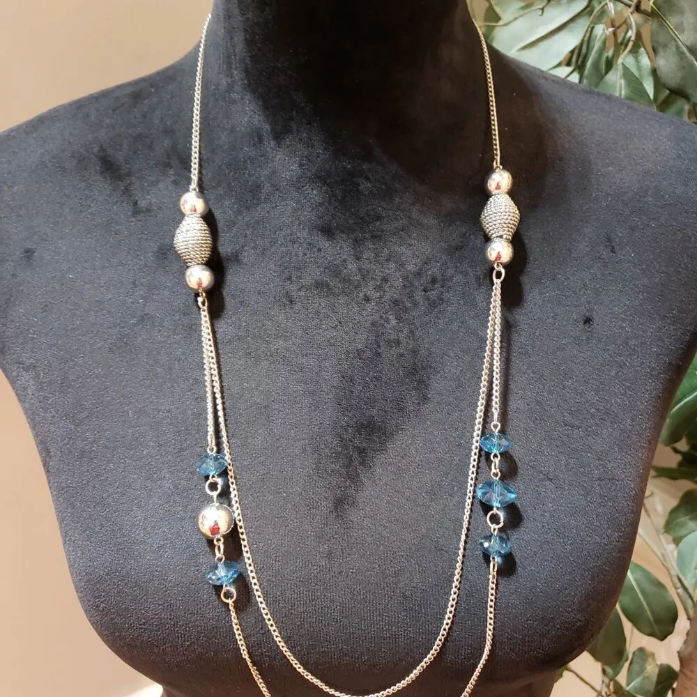 Womens Fashion Silver Tone Blue Crystals Metal Bowls Station Necklace Jewelry - Image 2