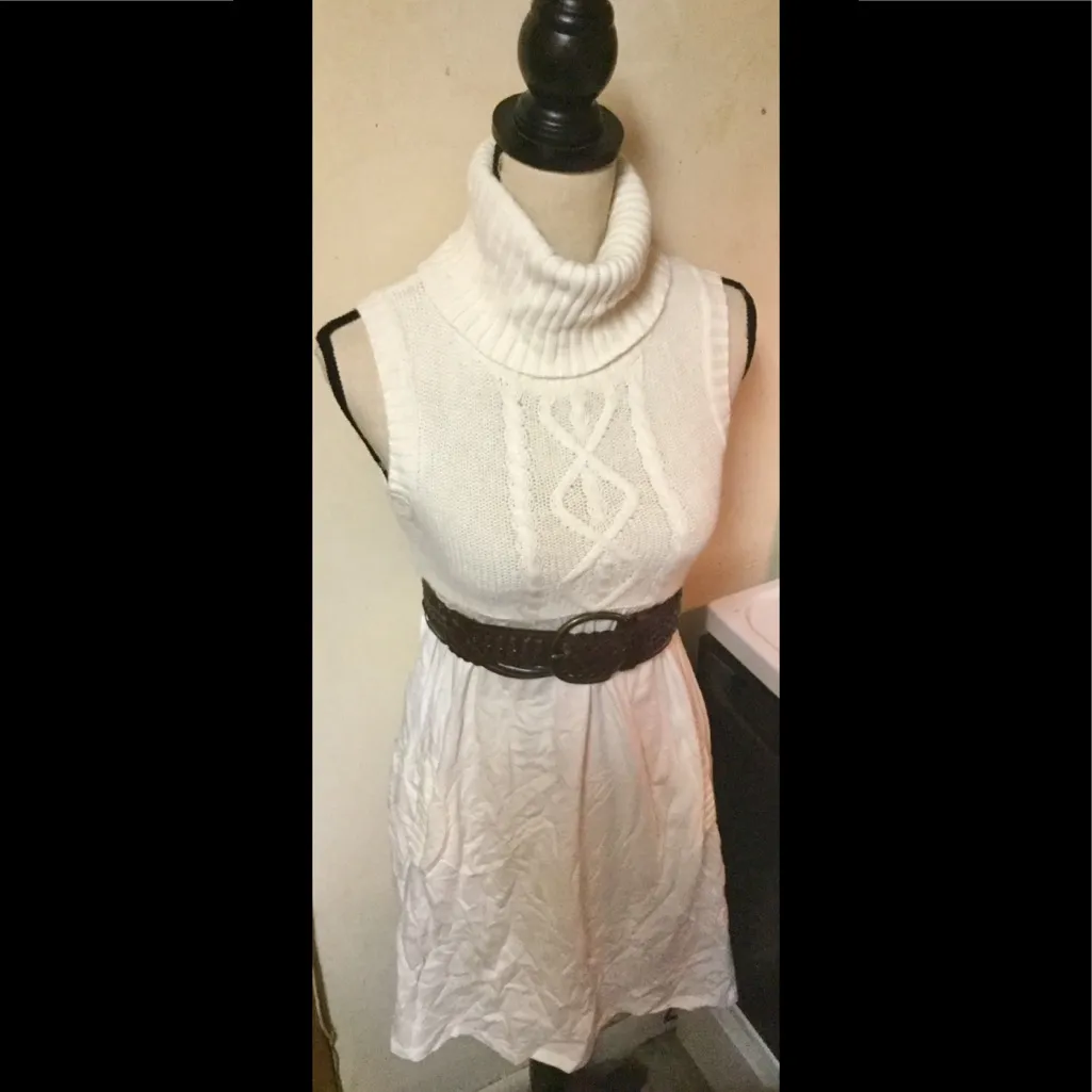 Beige Off White Cream Knit Dress: Empire Waist, Sleeveless, Turtleneck, Sz. S - Image 4
