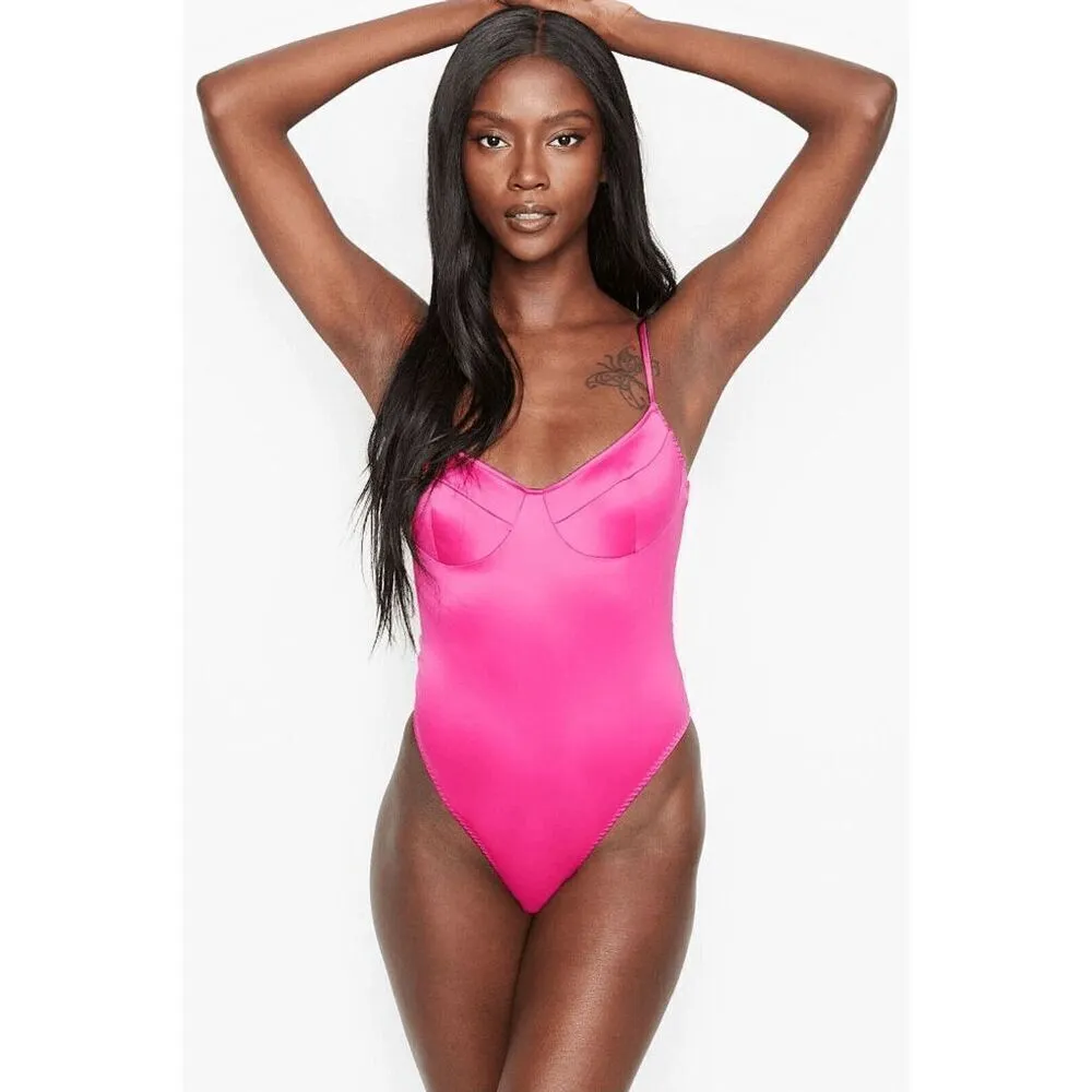 Victorias Secret Hot Pink Satin Silky Spaghetti Strap Bodysuit Small - Image 9