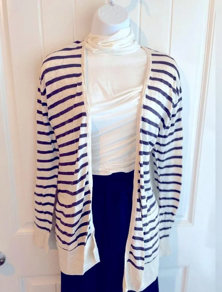 Ann Taylor Navy Blue & White Knit Stripe Sweater Cardigan in EUC Sz Small - Image 3