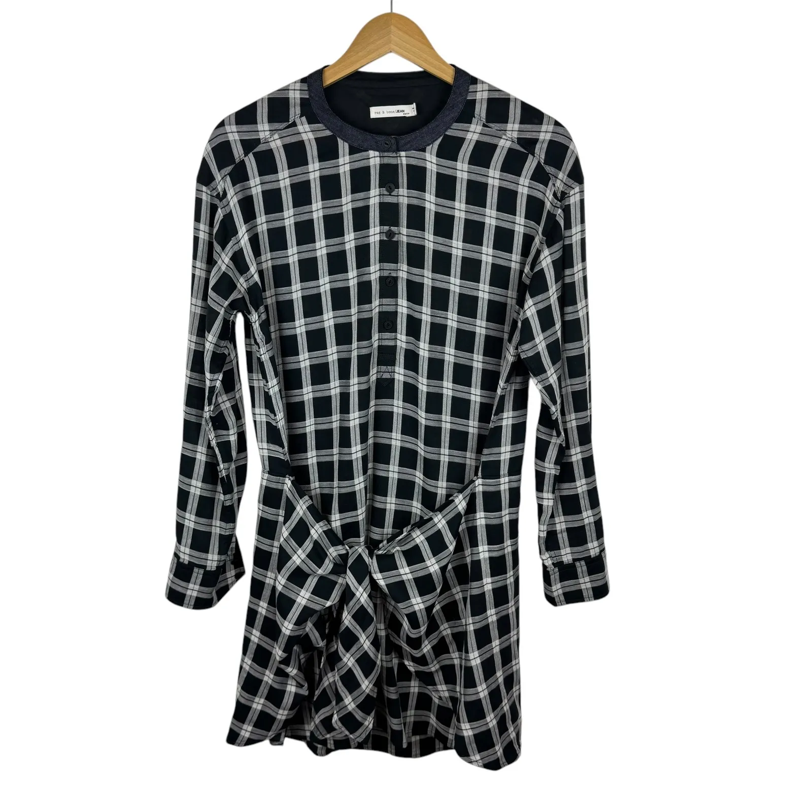 Rag & Bone Plaid Mini Dress Sz XS Black Long Sleeve Tie‎ Waist Casual Academia - Image 2
